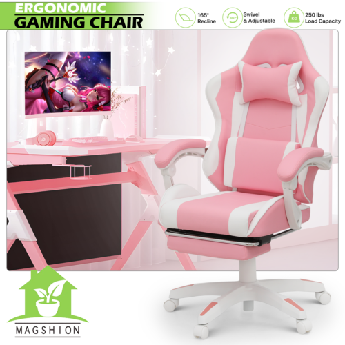 [LUMBAR SUPPORT+FOOTREST]Pink Gaming Racing Chair Office Swivel Reclinable Seat