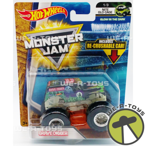 Hot Wheels Monster Jam 1:64 Grave Digger Monster Truck Nite Glo Cage 2017 NRFP