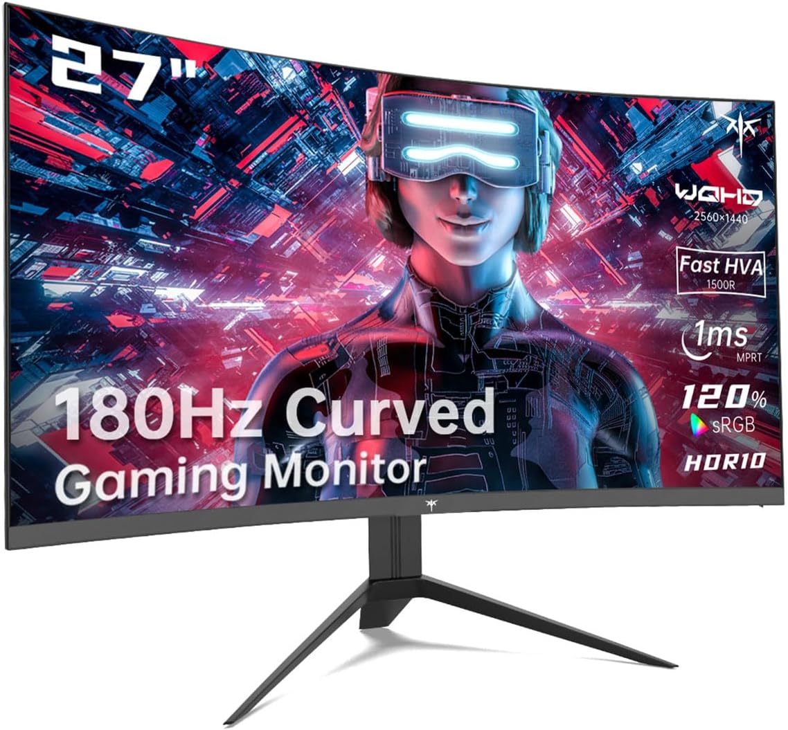 KTC 27 inch Gaming Monitor, 1440P Curved Monitor, 180Hz, 144Hz, 2K, 1500R, 1ms, FreeSync Premium/G-Sync, DisplayPort/HDMI/USB, Vesa/Wall Mount Computer Monitor, Ultrawide PC Monitor H27S17