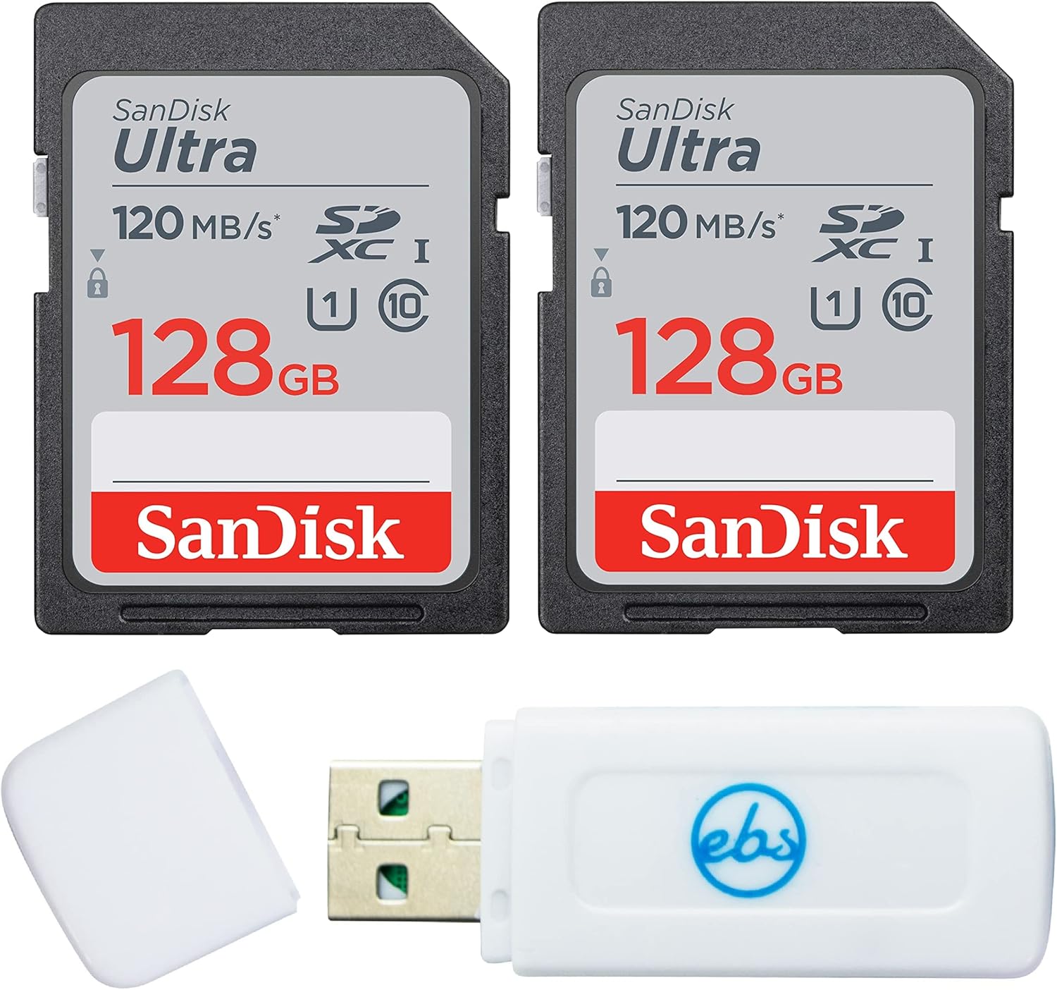 SanDisk 128GB SDXC SD Ultra Memory Card (Two Pack) Works with Canon EOS Rebel T7, Rebel T6, 77D Digital Camera Class 10 (SDSDUN4-128G-GN6IN) Bundle with (1) Everything But Stromboli Combo Card Reader