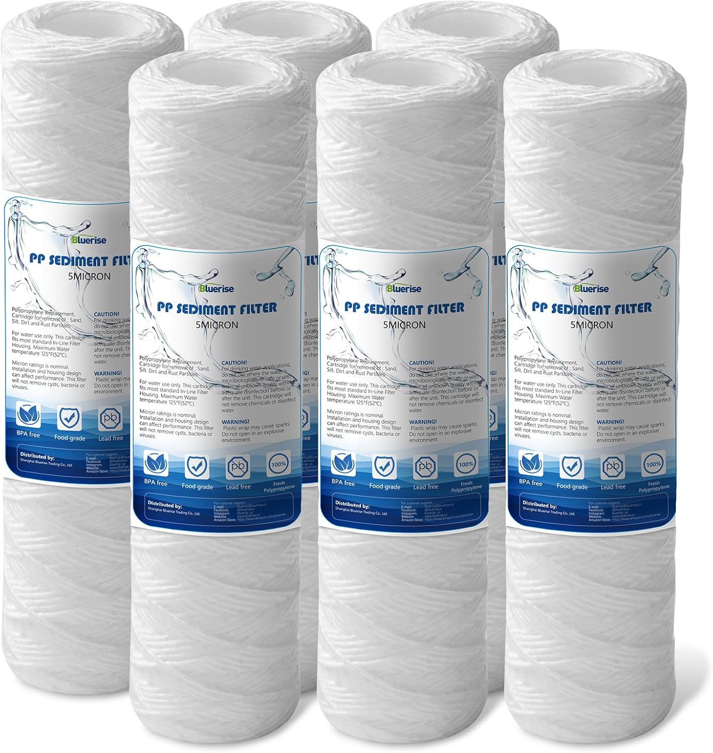 BLUERISE 5 Micron 10″x2.5″ Wire Wound Whole House Water Filter Replacement Cartridge – 6 Pack