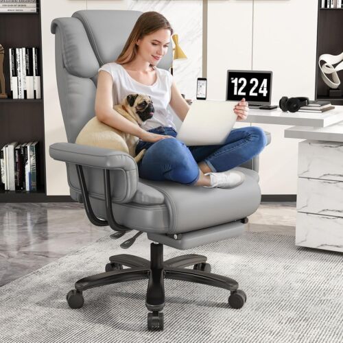 Ergonomic Home Office Chair with Armrest and Footrest Pu Leather Computer Chair.