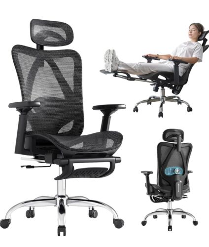 Black Ergonomic Office Chair, Adjustable Lumbar Support, Retractable Footrest