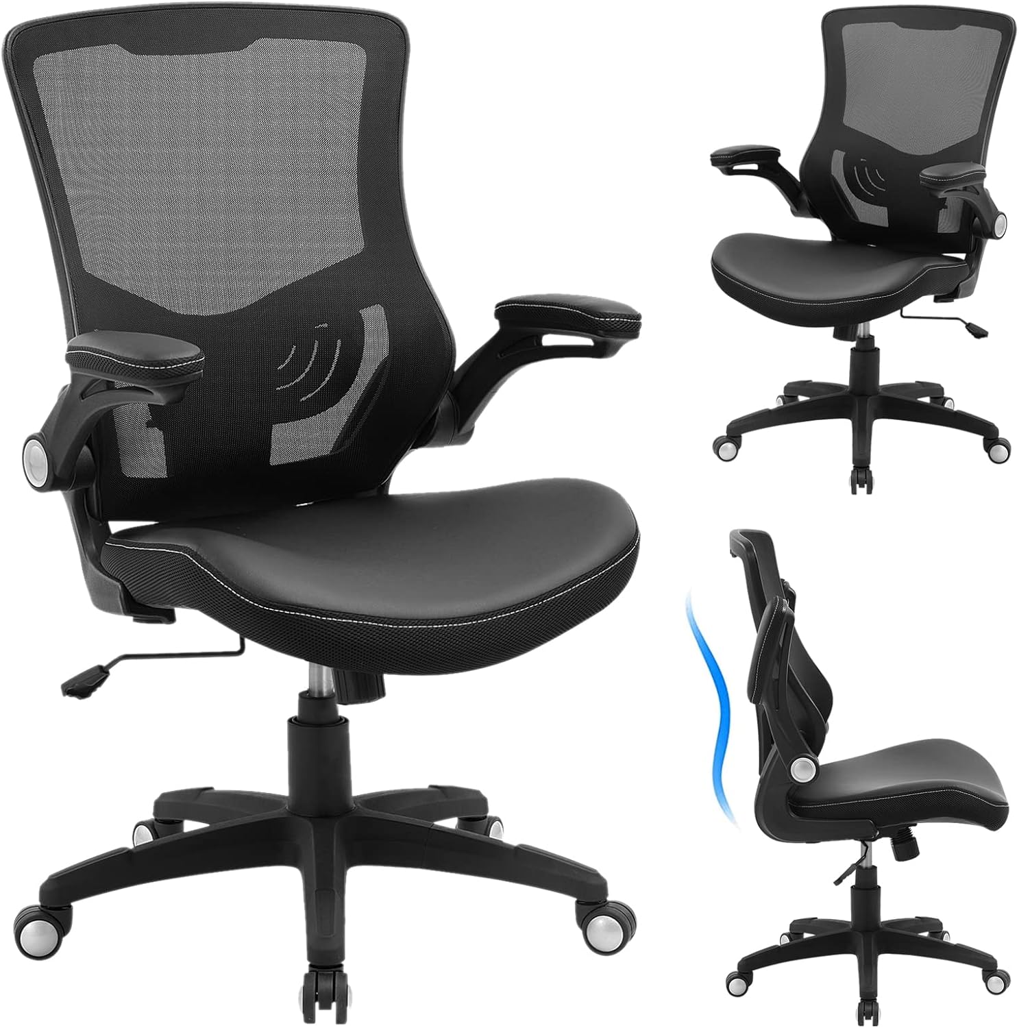 Office Chair Ergonomic Desk Chair, Computer PU Leather Home Office Desk Chair, Mesh Adjustable Lumbar Support Flip-up Armrests Executive Task Chair