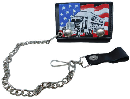 Keep On Truck’n USA Flag Mack Truck Genuine Leather Wallet With Chain (4 inch)