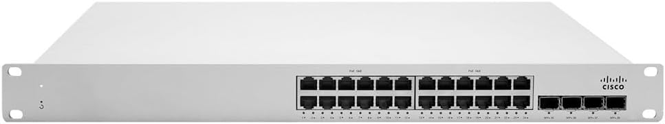 Cisco Meraki Cloud Managed MS225-24P Series 24 Port Gigabit Switch – 24x 1GbE Ports, 4 x SFP 10GbE Uplink Interfaces, 370W PoE