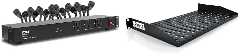 Pyle 19 Outlet 1U 19″ Rackmount PDU Power Distribution Supply Center Conditioner Strip Unit Surge Protector (PCO860) Black and Pyle 19-Inch 1U Server, Vented Shelves for Good Air Circulation Cantilever Wall Rack, Universal Device, Cabinet Shelf, Computer Case Mounting Tray (PLRSTN14U)