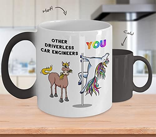 Self driving car engineer AV 11oz heat sensitive color changing coffee mug, Driverless vehicle rainbow pole dancing unicorn cup, Employee of the month