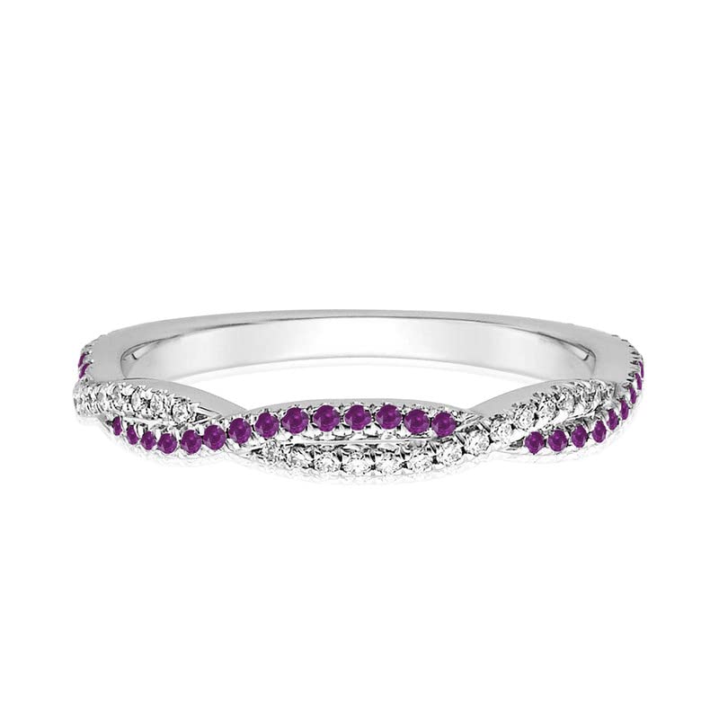 Purple Amethyst Twisted Wedding Band For Women, 14k White Gold Finish Diamond Swirl Anniversary Band, Ladies Twisted Crossover Amethyst Band