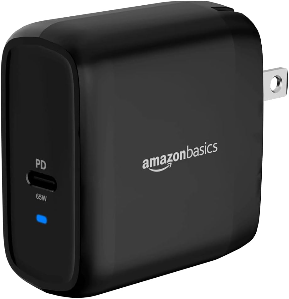 Amazon Basics 65W One-Port GaN USB-C Wall Charger with Power Delivery PD for Laptops, Tablets & Phones (iPhone 16/15/14/13/12/11/X, iPad, MacPro, Samsung, and More), Non-PPS, Black