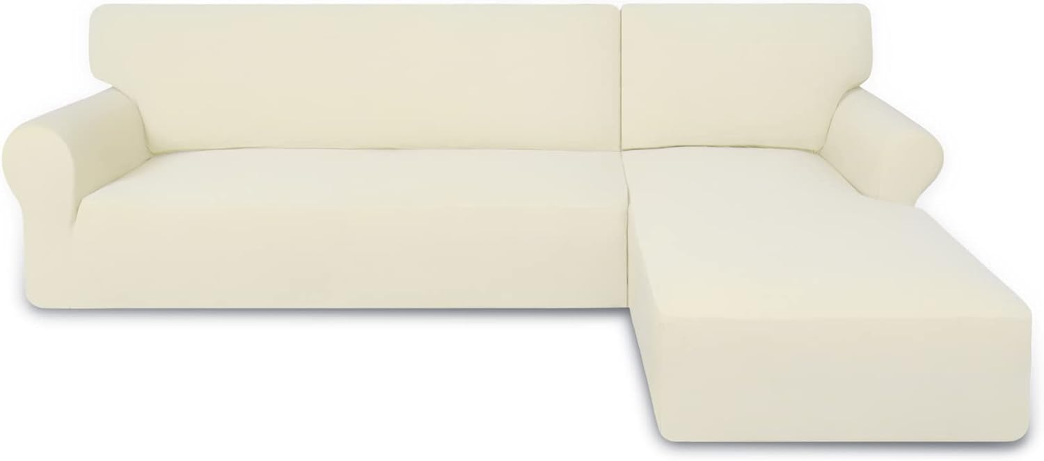 PureFit Super Stretch Sectional Couch Covers, Spandex, Non Slip – 2 pcs Covers with Elastic Bottom for L Shape Sofa, Great for Kids & Pets (3 Seat Sofa + 3 Seat Chaise, Ivory)