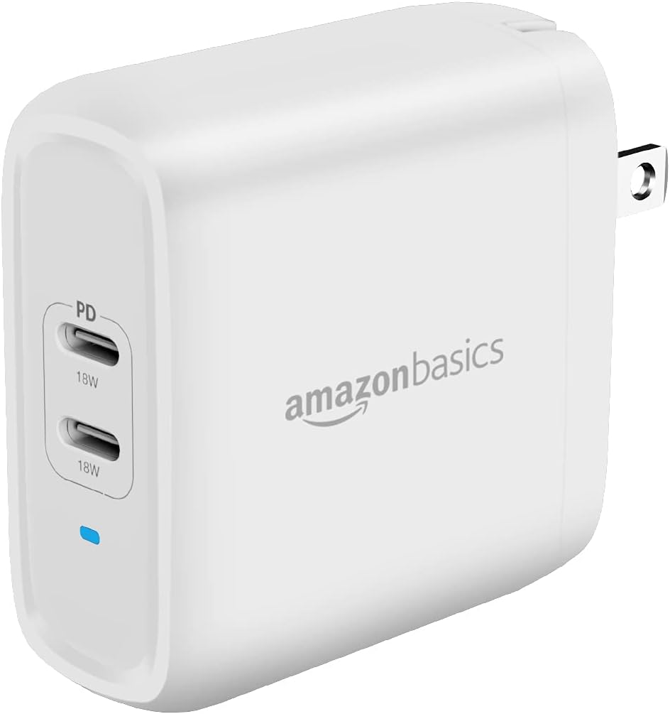 Amazon Basics 36W Two-Port USB-C Wall Charger with Fast Charging Power Delivery PD for Tablets & Phones (iPhone 16/15/14/13/12/11/X, iPad, Samsung, and More), Dual Port, Non-PPS, White