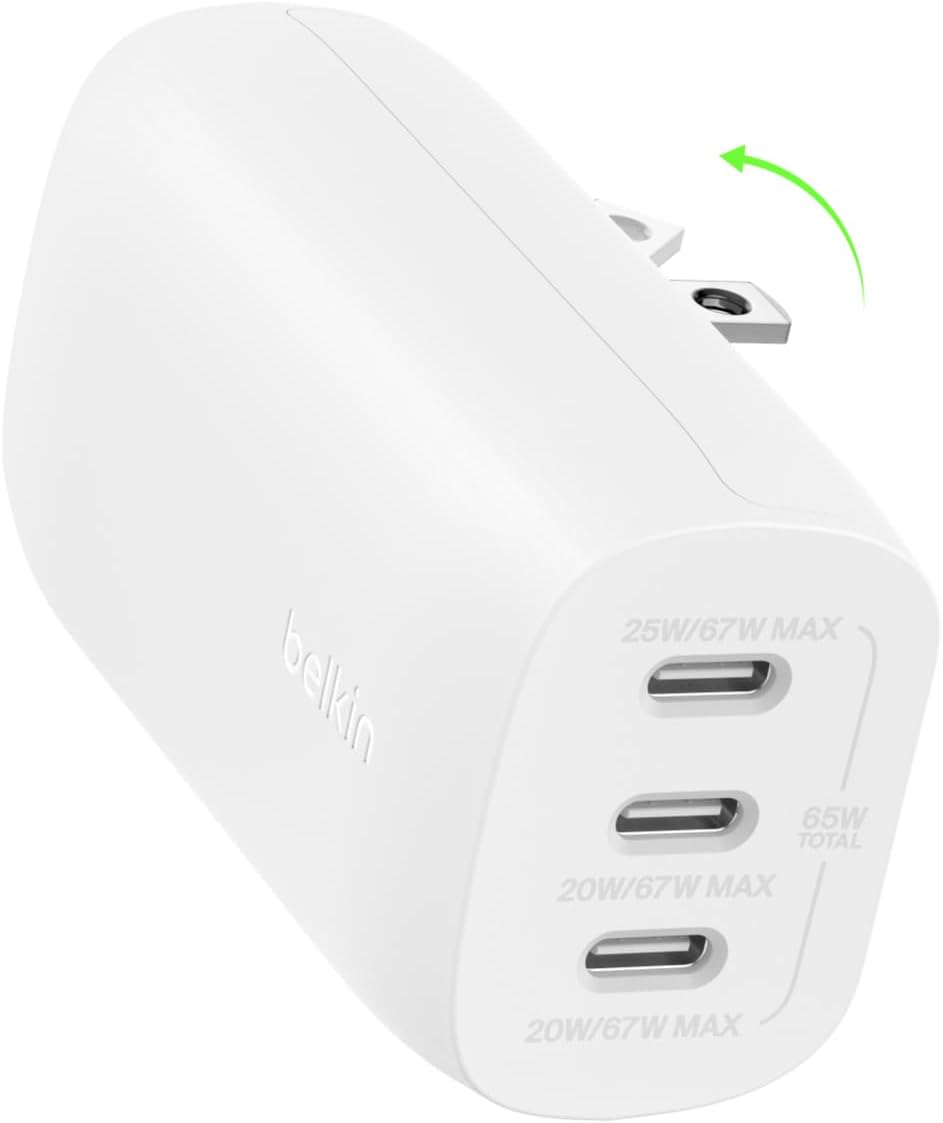 Belkin BoostCharge 3-Port USB-C Wall Charger with PPS 67W, USB-C PD 3.1 Enabled Fast Charging iPhone Charger for iPhone 16 Series, MacBook Pro, AirPods, Galaxy, and Other PD Enabled Devices – White