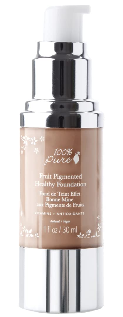 100% PURE Healthy Foundation Full Face Coverage Makeup, Liquid Matte Finish with Anti-Aging Benefits – Vegan Gorgeous Fruit Pigmented Toffee Color (Tan with Neutral Undertone) – 1 Fl Oz