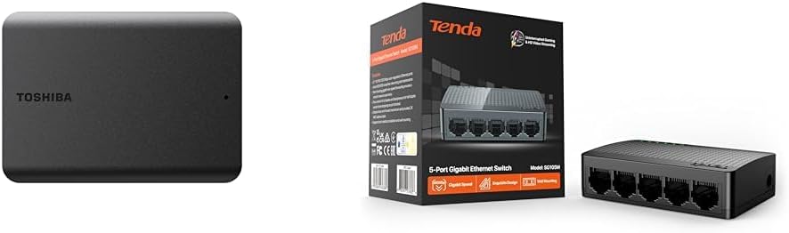 Toshiba Canvio Basics 2TB Portable External Hard Drive USB 3.0, Black – HDTB520XK3AA & Tenda SG105, 5 Port Gigabit Switch, Unmanaged Home Ethernet Switch, Office Ethernet Splitter, Plug