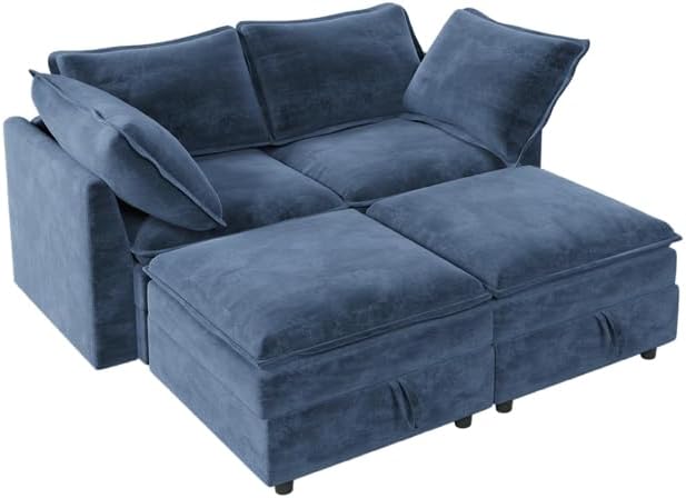 Chenille Loveseat Sofa Couch with Ottomans. Modular Sectional Sofa with Storage, Sectional Cloud Sofa 2 Seater Love Seats Couch for Living Room, Bedroom, Apartment, Small Space