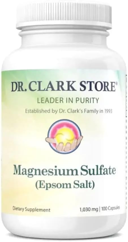 Dr. Clark Magnesium Sulfate USP (Epsom Salt) – 1030 mg, Magnesium Supplement for Constipation, Liver and Gallbladder Cleanse, 100 Gelatin Capsules