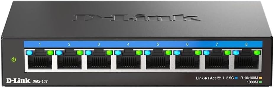 D-Link 8-Port 2.5GB Unmanaged Gaming Switch with 8 x 2.5G – Multi-Gig, Network, Fanless, Plug & Play (DMS-108),Black