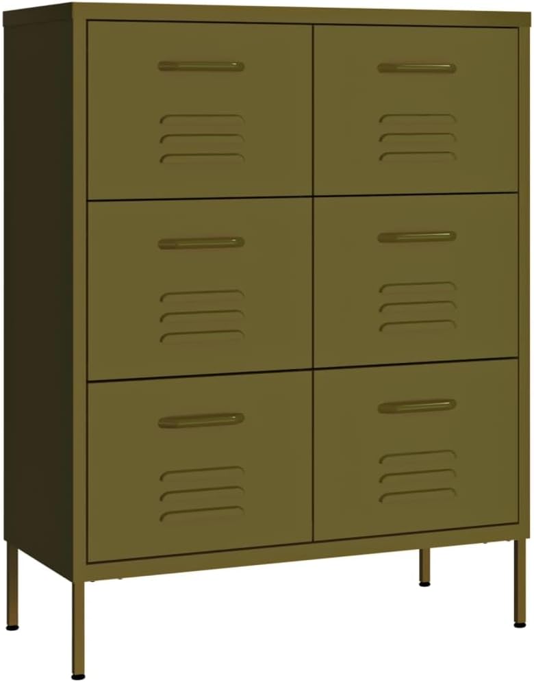 vidaXL Drawer Cabinet – Olive Green Large Storage Unit, 6-Drawer Industrial Style Cabinet, Resistant Steel Material, Fully Extendable, Easy Maintenance