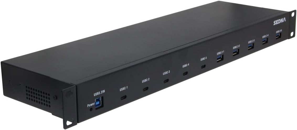 SEDNA – 19 Inch 1U Rack Mount 10 Port USB 3.2 Gen II Hub (10Gbps) (5 x Type A Ports and 5 x Type C Ports) with 5V 10A AC/DC Adapter