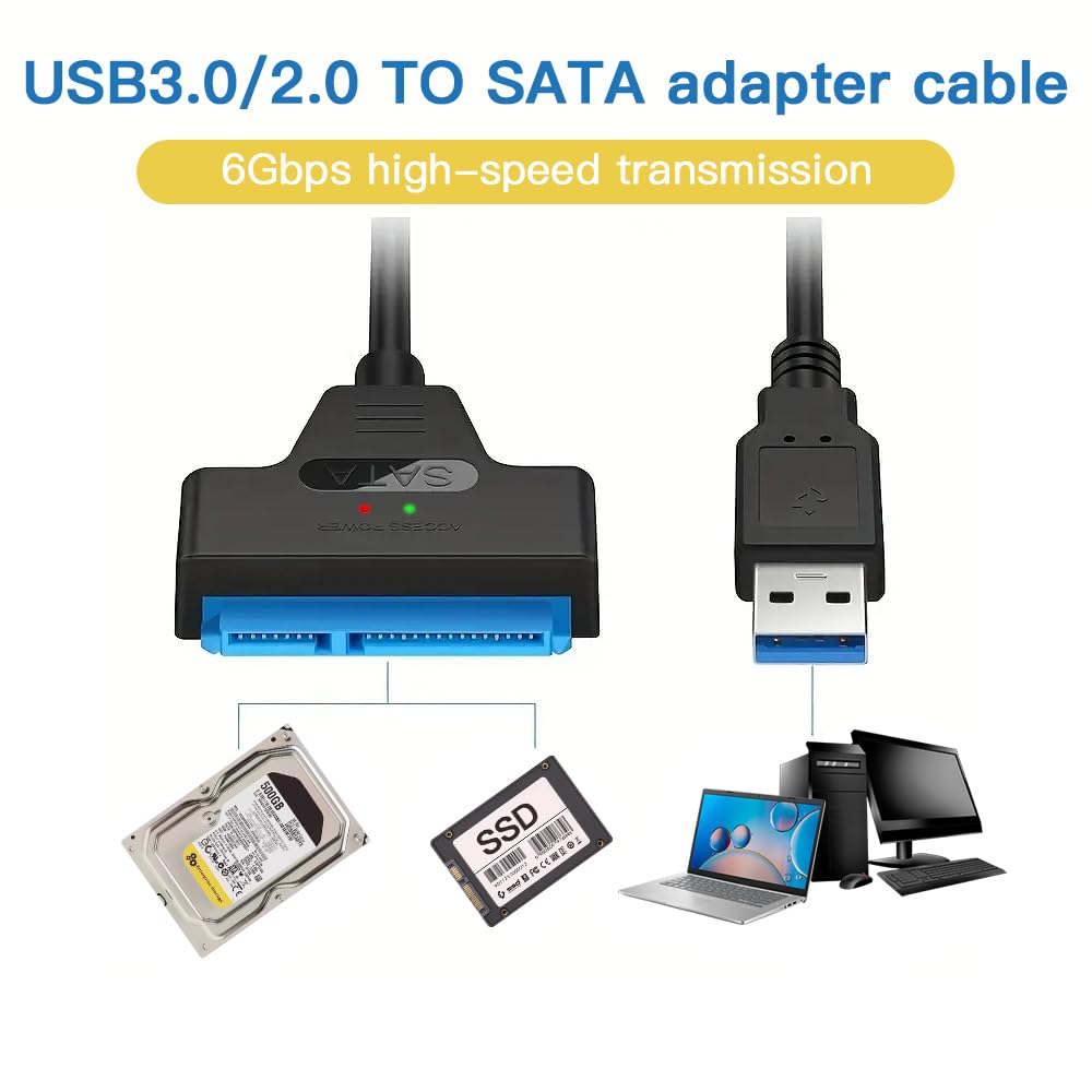 SATA to USB 3.0 Cable, USB 3.0 to SATA Adapter, Compatible with 2.5″ SATA III HDD&SSD Hard Disk Driver, Black-External HDD Converter for Data Transfer