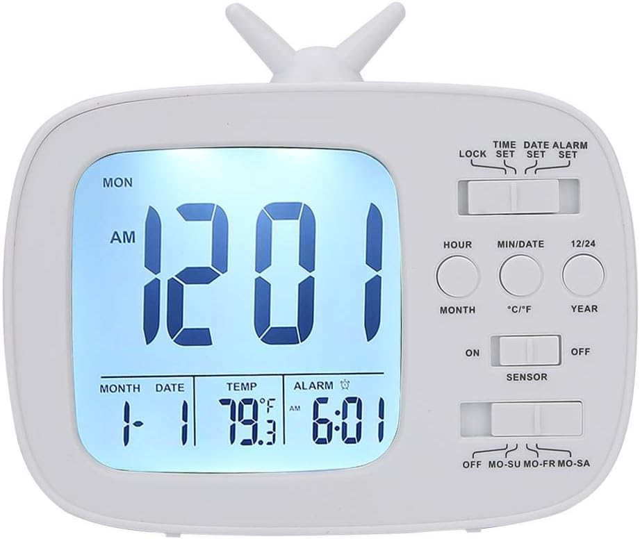 Digital Alarm Clock, Multifunctional Smart Alarm Clock with Workdays Weekends Setting Back Light Large Digit Display for Kids Bedroom Travel (Battery Not Included)(White)Electronic Alarm Clocks