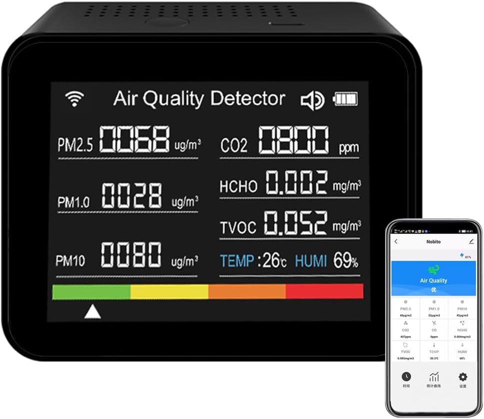 Air Quality Monitor Indoor, 13-in-1 with WiFi Air Quality Tester for CO2 TVOC HCHO PM2.5 PM1.0 PM10 Temperature Humidity More, LED Display Home Air Quality Tester Analyzer (Black)