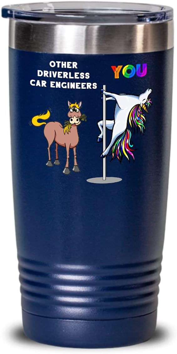 Self driving car engineer AV 20 oz 30 oz insulated tumbler, Driverless vehicle rainbow pole dancing unicorn cup, Funny employee of the month coworker