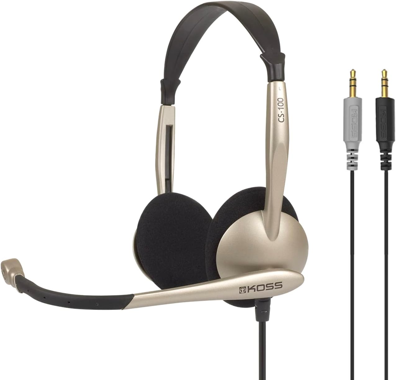 Koss CS100 Dual Sided On-Ear Headset, Two 3.5mm Plugs, Speech Recognition, Lightweigt Design, Black and Beige