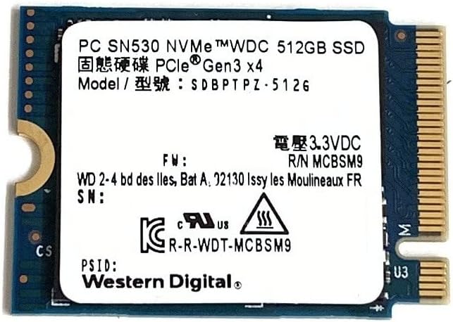 Western Digital 512GB SSD PC SN530 M.2 2230 30mm PCIe Gen3 x4 NVMe SDBPTPZ-512G Solid State Drive for Dell HP Lenovo Laptop Desktop Ultrabook Surface