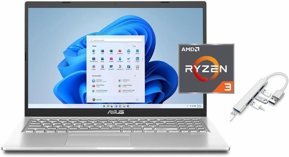 ASUS Vivobook 15.6” FHD Laptop | AMD Ryzen 3 3250U Processor | AMD Radeon Graphics | WiFi | Webcam | 8GB RAM | 128GB SSD | Windows 11 S | Bundle with USB 3.0 Hub