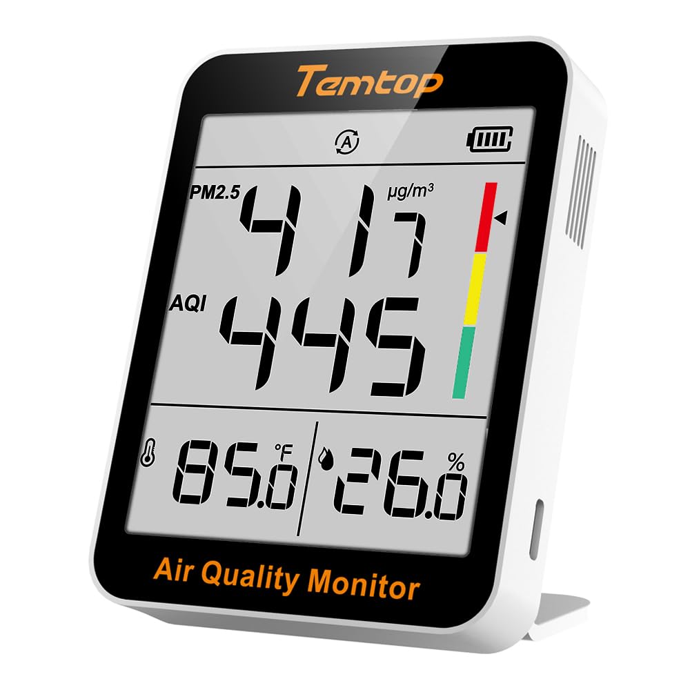 Temtop Air Quality Monitor Indoor Thermo-Hygrometer – PM2.5, AQI, Temperature, and Humidity Meter for Home, Office, or School, Air Quality Measurement, 60-Day Battery Life