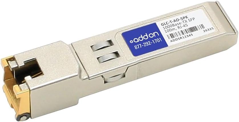 Add-On Computer Products AddOn 5-Pack of Cisco GLC-T Compatible TAA Compliant 10/100/1000Base-TX SFP Transceiver (Copper, 100M, RJ-45)