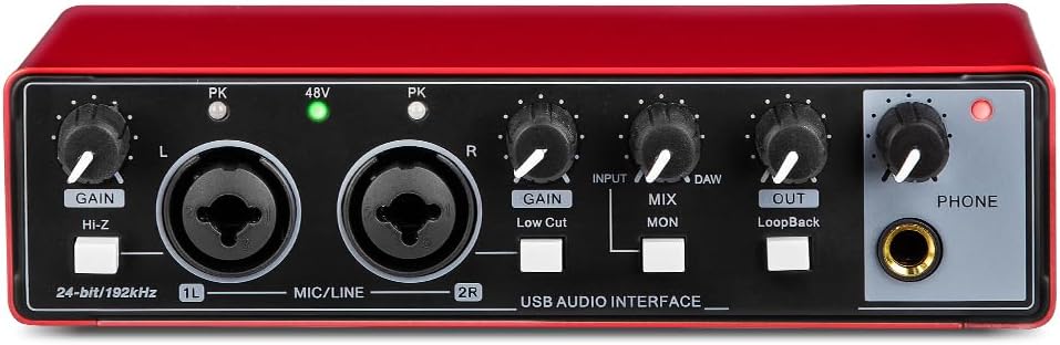 MB28 USB Audio Interface for PC & Mac: 2×2 Guitar & Recording, 24Bit/192kHz, 48V Phantom Power for Podcasting & Music Production