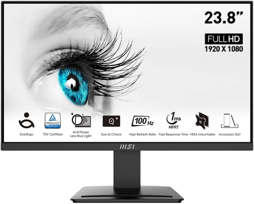 MSI PRO MP2412, 24″, 1920 x 1080 (FHD), FreeSync, 100Hz, TUV Certified Eyesight Protection, 1ms, VGA, HDMI, Black