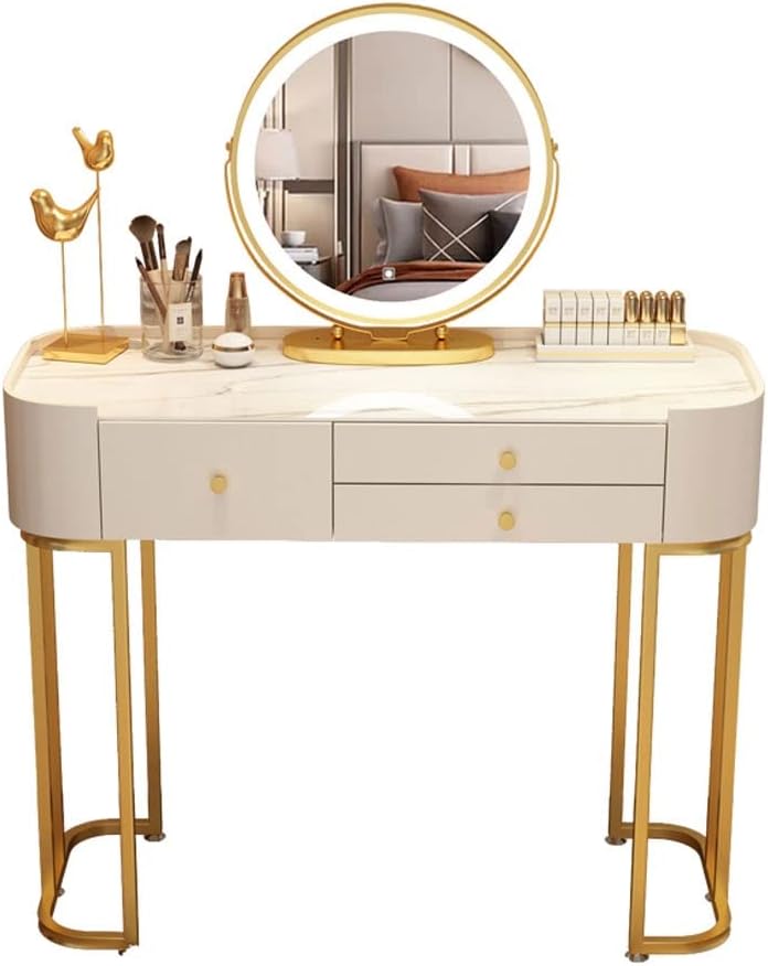 Makeup Vanity Table Slate Vanity Table Set with Brightness Adjustable Touch Screen Dimming Mirror, with Three Drawers Rotatable LED Light Mirror Vanities Desk, 120x40x78 cm