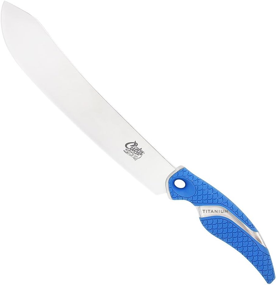 CUDA 10″ Butcher Saltwater Wide Blade Oversized Backbone Titanium Bonded Corrosion Resistant Stainless Steel Fish Knife with Non-Slip Scale Pattern Grip, Blue