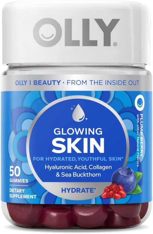 OLLY Glowing Skin Collagen Gummy, Hydrated, Youthful Skin, Hyaluronic Acid, Sea Buckthorn, Chewable Supplement, Berry, 25 Day Supply – 50 Count