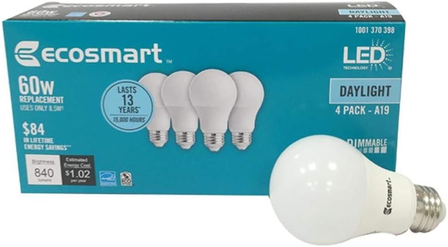 (4 Pack) Ecosmart A19 LED 60 Watt Replacement (8.5W) Daylight White (5000K) 840 Lumens Energy Star Rated Medium Base E26 Dimmable Regular Shaped Light Bulbs