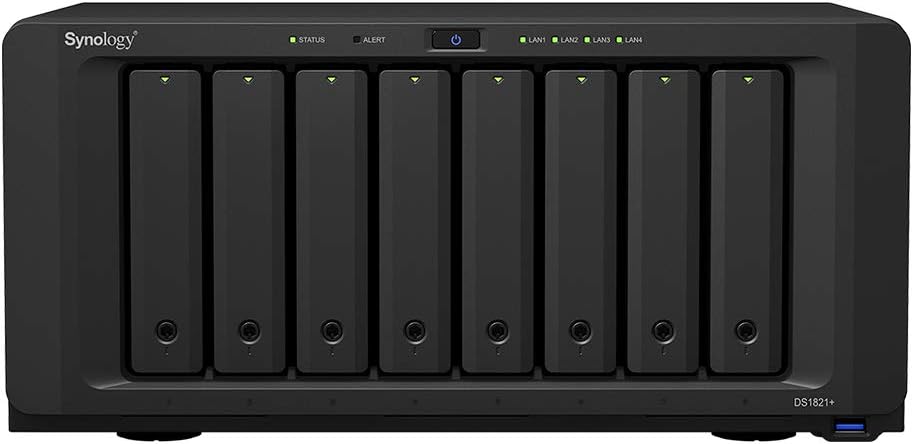 Synology DiskStation DS1821+ NAS Server with Ryzen 2.2GHz CPU, 32GB Memory, 64TB HDD Storage, 1TB M.2 NVMe SSD, 4 x 1GbE LAN Ports, DSM Operating System