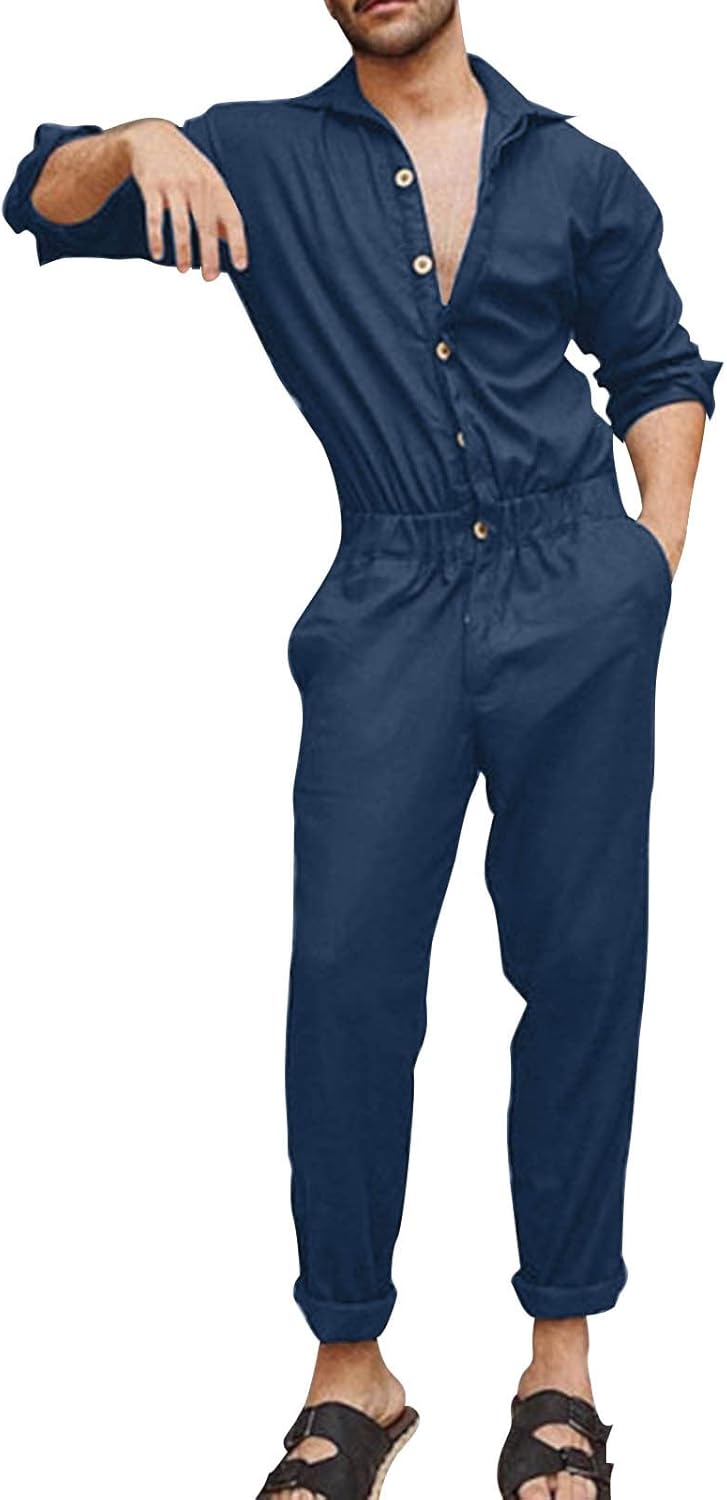 Men’s Long Sleeve Overalls One-Piece Buckle Button Down Jumpsuits Slim Fit Work Coverall Lapel Collar Rompers Business Plain Casual Dress Shirts Office Workday Weekend Tapered Color Block