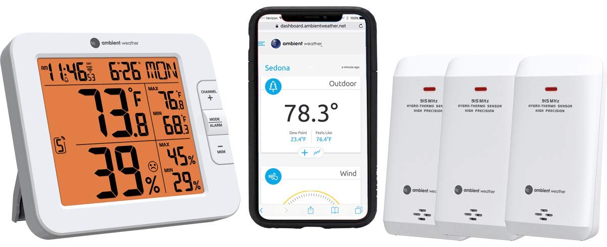 Ambient Weather WS-8482-X3 Wireless 7-Channel Internet Remote Monitoring Weather Station with Three Indoor/Outdoor Temperature & Humidity Sensors, Compatible with Alexa