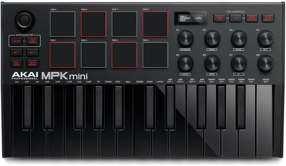 AKAI Professional MPK Mini MK3 – 25 Key USB MIDI Keyboard Controller With 8 Backlit Drum Pads, 8 Knobs and Music Production Software included, Black