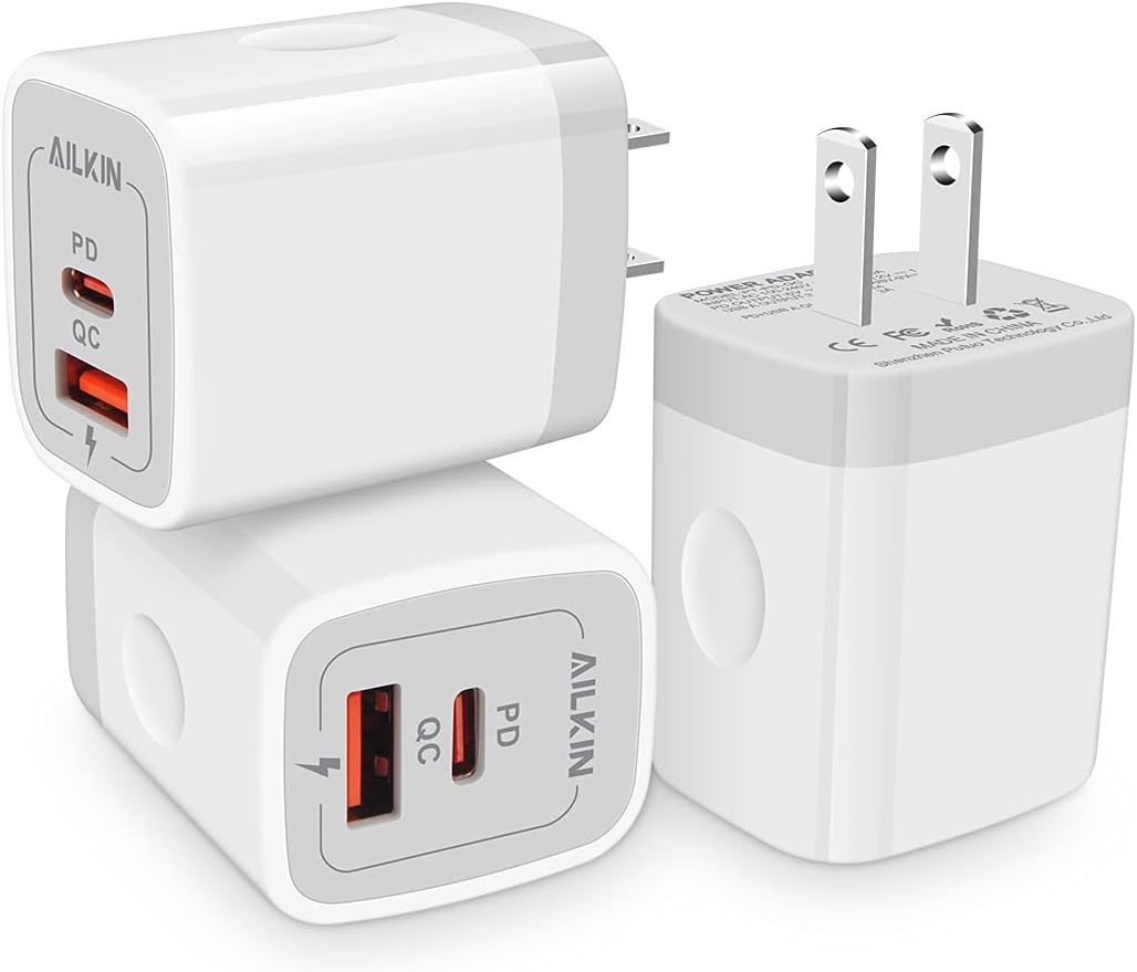 3Pack Dual Port USB-C Wall Plug-in USB Charger, AILKIN 20W Power Delivery + QC3.0 USB A Double Port Fast Charging Block for iPhone 15 14 13 12 Pro Max 14 Pro 12 Mini 16 Pro Max 16 Plus 16 SE X XS Cube