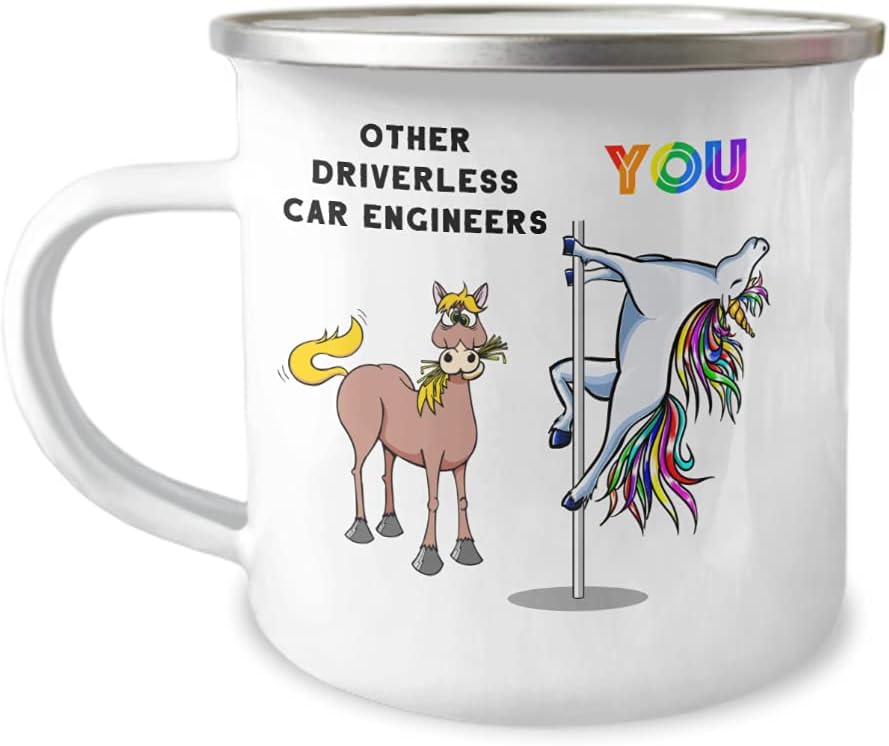 Creator’s Cove Self driving car engineer AV 12 oz enamel camp mug coffee camper cup, Driverless vehicle rainbow pole dancing unicorn cup, Funny employee of the month