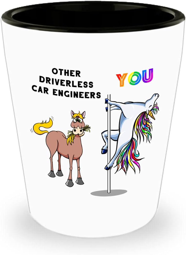 Creator’s Cove Self driving car engineer AV ceramic 1.5 oz shot glass, Driverless vehicle rainbow pole dancing unicorn cup, Funny employee of the month work coworker