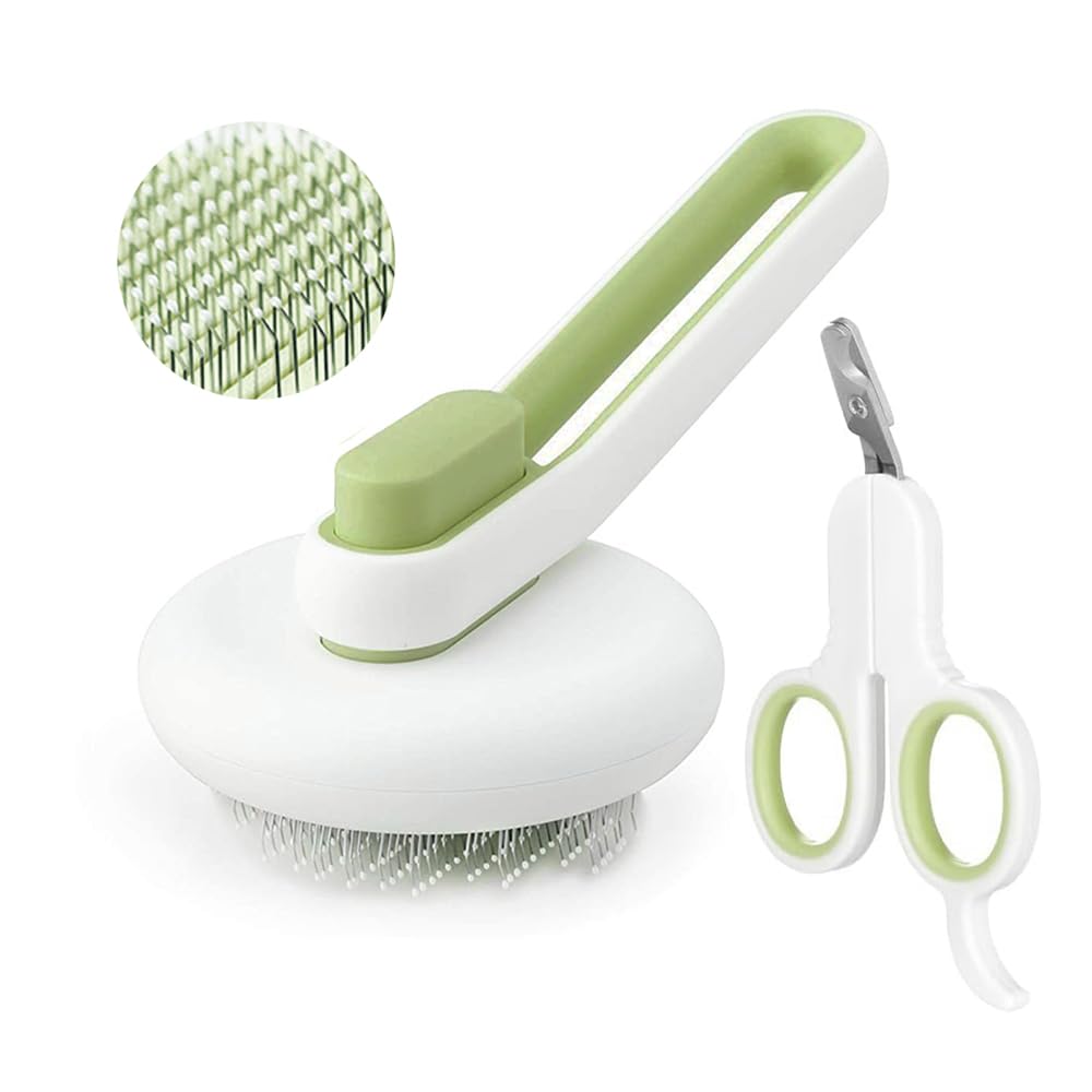 Marchul Cat Brush, Self Cleaning Slicker Brush for Removes Loose Undercoat, Cat Hair Brush with Massage Particles Tip, Grooming Brush for Long and Short Hair Pet (Green+Pet Nail Clippers)