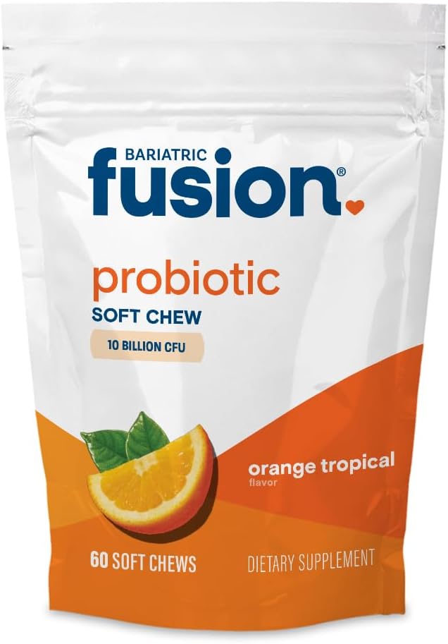 Bariatric Fusion Bariatric Probiotic Soft Chews | Orange Tropical Flavor Chewy Bariatric Vitamin | Bacillus Coagulans 10 Billion CFU Chewable Probiotic | Support Digestive & Immune Health | 60 Count