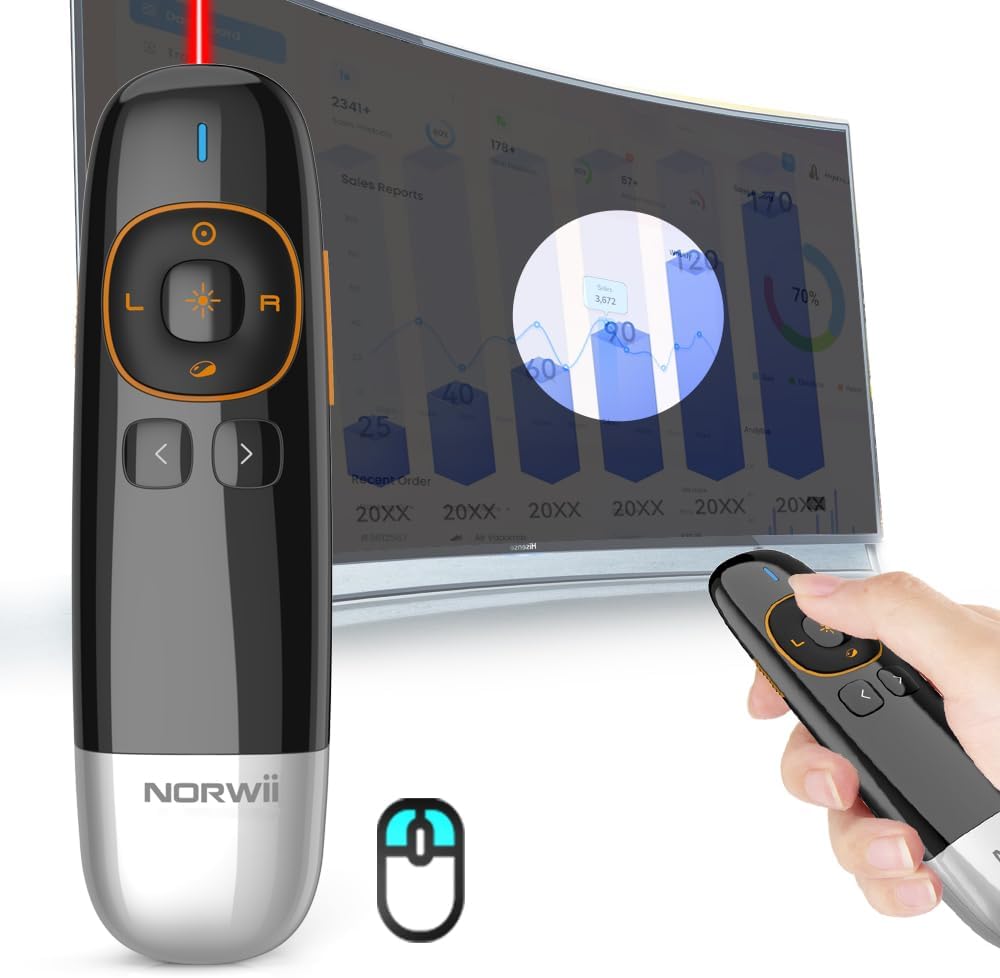 Norwii N86s Ergonomic Wireless Presenter Clicker for LED LCD TV Screen with Digital Pointer, Air Mouse Presentation Clicker for PowerPoint, Presenter clicker with Highlighting Magnify -50M