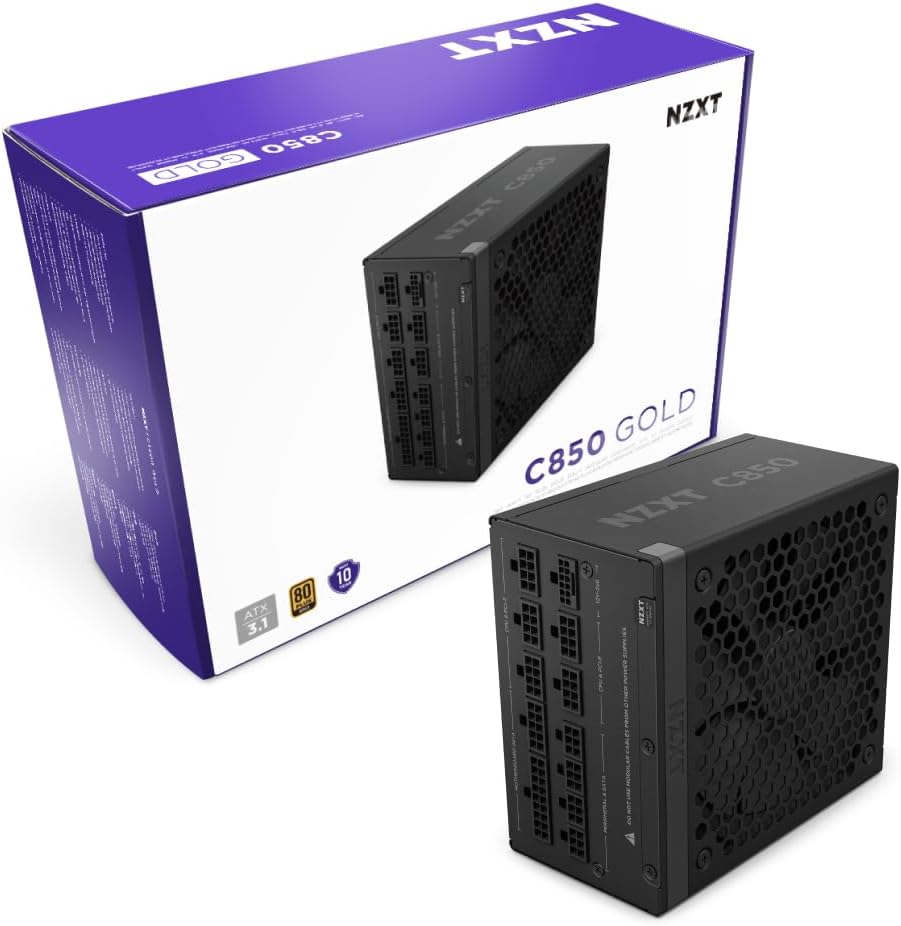 NZXT C850 Gold ATX 3.1 – Fully Modular Low-Noise PC Gaming Power Supply – 850 Watts – 80 Plus Gold – 12V-2×6 Connector – Zero Fan Mode – 100% Japanese Capacitors – Black